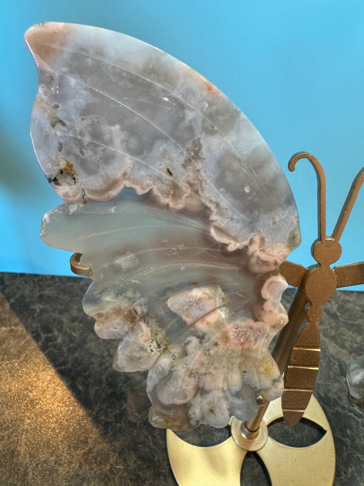 Flower Agate Butterfly Wings on stand