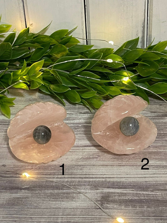Rose Quartz Clam Shells with Labradorite "Pearl"
