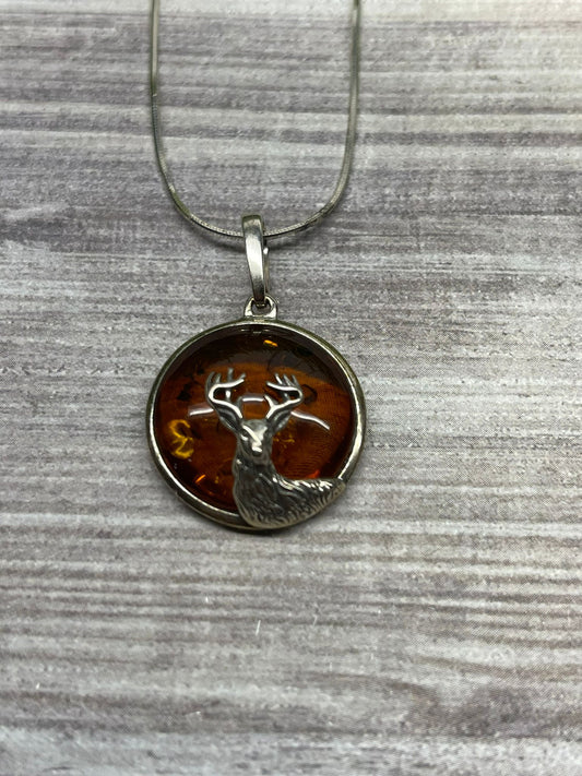 Baltic Amber Deer Pendant Sterling Silver Necklace