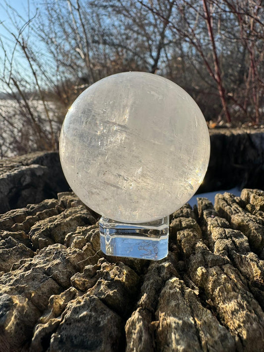 Clear Optical Calcite Sphere with Rainbows