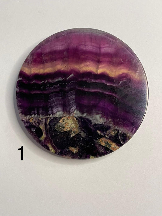 Rainbow Fluorite circle slab with stand