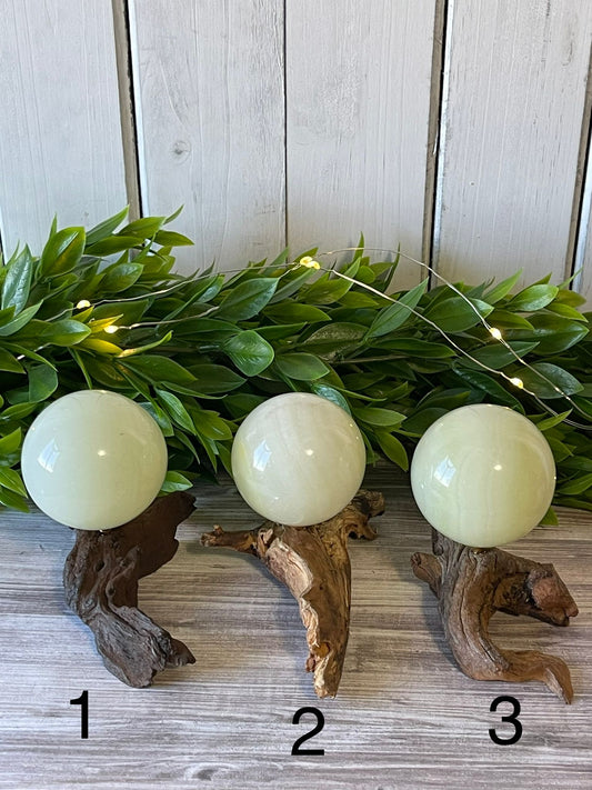 Green Onyx Sphere With Driftwood Sphere Holder